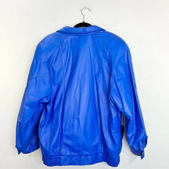 Vintage 80s genuine leather blue padded shoulder batwing bomber pant suit set 14 - Picture 6 of 17